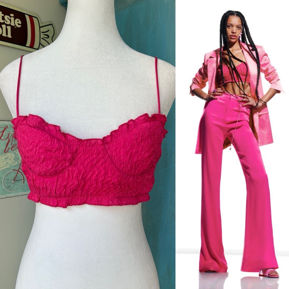 Zara Hot Pink Textured Ruched Crop Cami Going Out Top Feminine Flirty